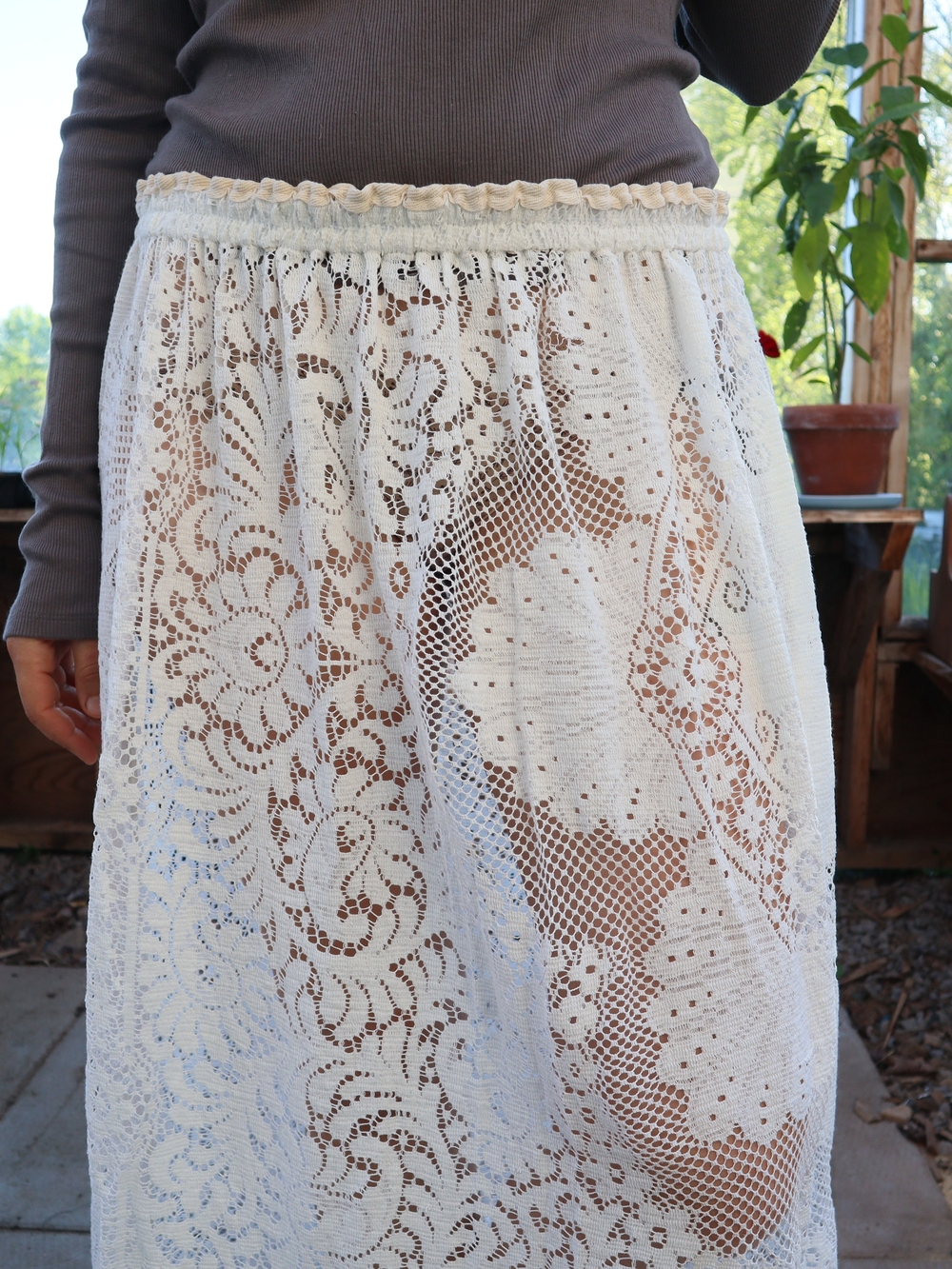 Upcycled Vintage Lace Maxi Skirt Cotton Sheer Floral - Picture 7 of 8